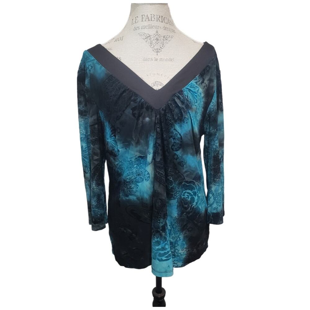 Cato Blue Black Floral Abstract Design V Cut Neck Long Sleeved Blouse Size XL